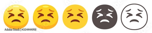 Persevering emoji. Helpless yellow face with scrunched eyes, sad smile and furrowed eyebrows. Holding back tears emoticon flat vector icon set
