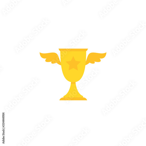 Gold trophy, winning cup with wings isolated on white background. First place, award bowl.