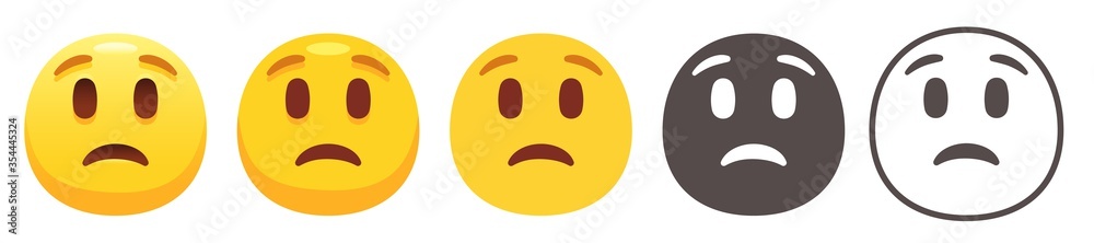 Fototapeta premium Worried emoji. Sad yellow face with raised eyebrows. Unhappy, unpleasantly surprised emoticon flat vector icon set