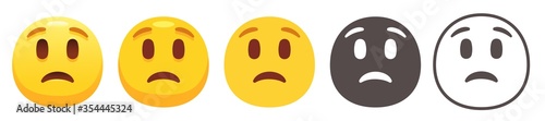 Worried emoji. Sad yellow face with raised eyebrows. Unhappy, unpleasantly surprised emoticon flat vector icon set