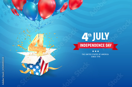 4th of July Independence day celebration of the United states vector illustration. Gift box with flying balloons and number 4 on nationality flag of USA background.