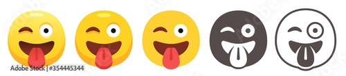 Winking emoji with tongue. Crazy yellow face with zany wink, sticking tongue out, right eye closed and left wide open. Funny emoticon flat vector icon set photo