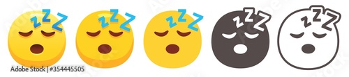Zzz emoji. Sleeping yellow face with eyes closed and asleep z sound letters. Sleep emoticon flat vector set