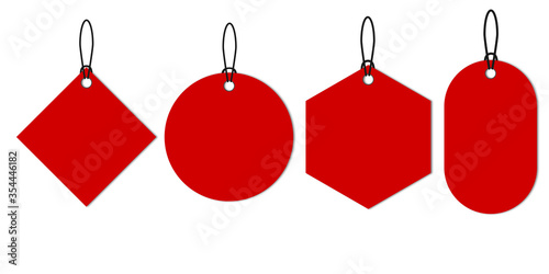 Paper price tags ,3d red set on white backdrop. blank icon .