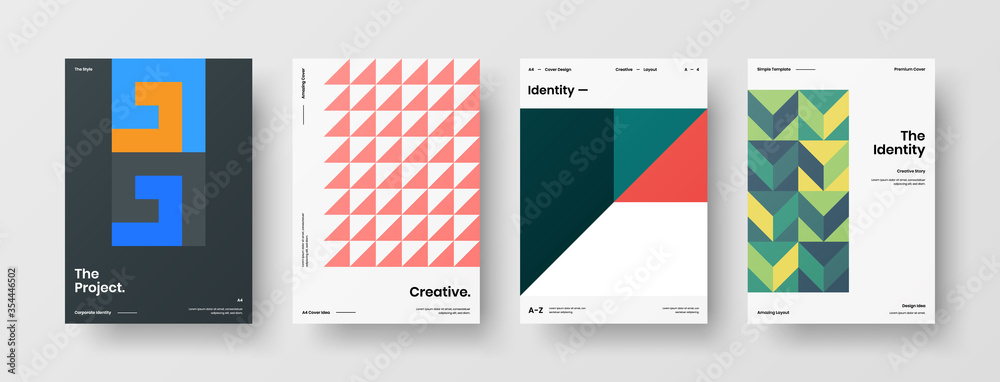 Company identity brochure template collection. Business presentation vector A4 vertical orientation front page mock up set. Corporate report cover abstract geometric illustration design layout bundle.