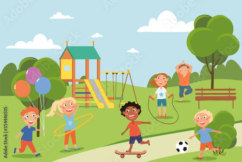 Group of diverse young friends or children playing in a park skateboarding, kicking a ball, skipping, with balloons, doing yoga, colored vector illustration