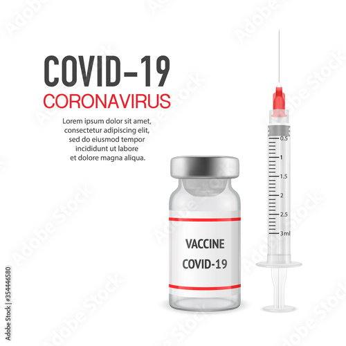 Vector Banner or Placard with 3d Realistic Bottle and Syringe. COVID-19 Coronavirus Vaccine. Closeup Isolated on White Background. Drug Ampoule Design Template, Clipart, Mockup. Vaccination concept