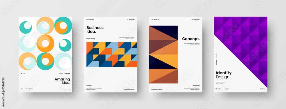 Fototapeta premium Company identity brochure template collection. Business presentation vector A4 vertical orientation front page mock up set. Corporate report cover abstract geometric illustration design layout bundle.