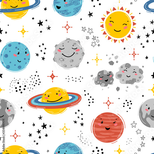 Space Seamless Pattern with Planets Solar System, Sun, Meteorite and Stars. Doodle Cartoon Cute Planet Smiling Face. Space Vector Background for Kids. Nursery Design, Birthday Party © AllNikArt