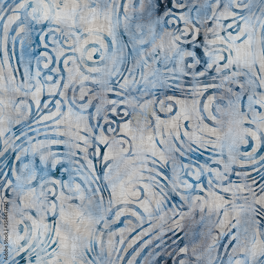 Seamless wet-on-wet blue watercolor wash grungy wet painted faded flourish brush stroke graphic design. Seamless repeat raster jpg pattern swatch.