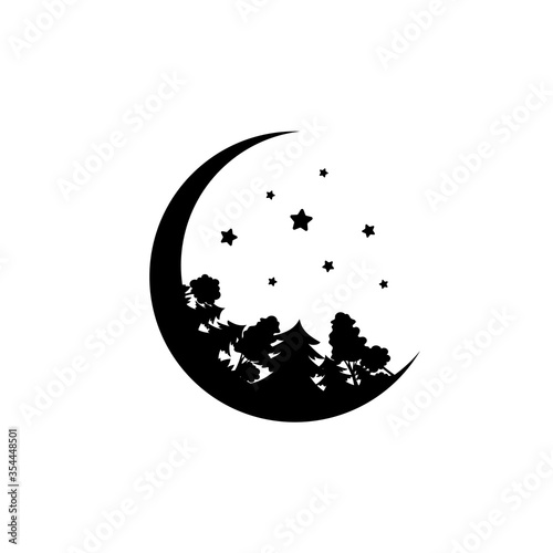 Black half moon with stars and forest. Magic, fantasy, legends, nature.