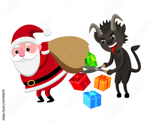 krampus sabotaging santa claus by cutting santa's bag of christmas presents 