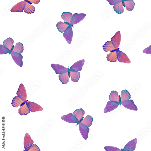 Seamless pattern with color butterflies on white.