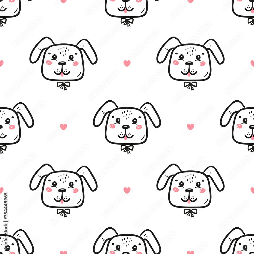 Seamless Vector Pattern with Happy Cute Dog Faces and Hearts. Doodle Cartoon Funny Puppies Background for Kids. Childish Wallpaper with Pet Animals for Baby Fashion, Nursery Design
Seamless Vector Pat