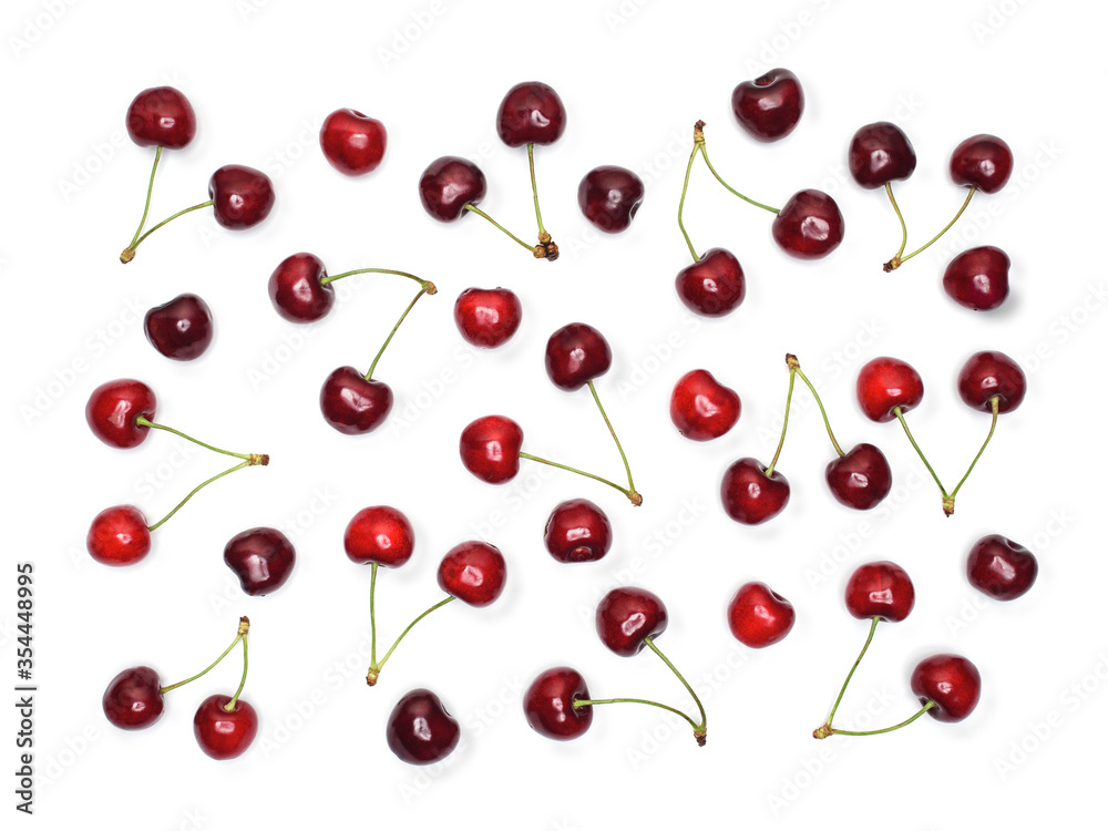 Fresh cherries isolated on white background. Knolling concept. Fresh cherries isolated on white background. Knolling concept.