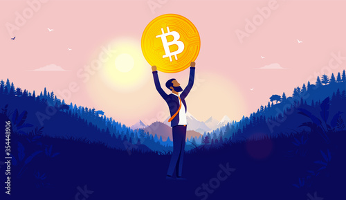 Minority Bitcoin freedom - African American man standing in open landscape holding coin over his head and sunrise in background. Cryptocurrency independence and hope concept. Vector illustration.