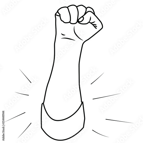 Fist raised up in vector format. Linear sign of strength and unity on a white background. Human hand contour for banners, brochures, covers, print.