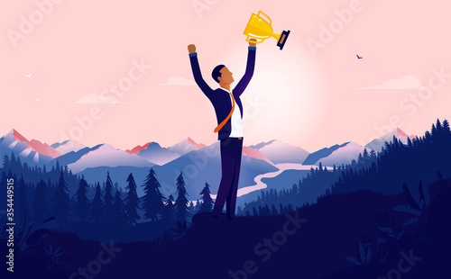 Winner with trophy in landscape - Ethnic man with raised hands celebrating success in a forest with view to mountains and sunrise. Happy, career winner and business champion concept. Vector.