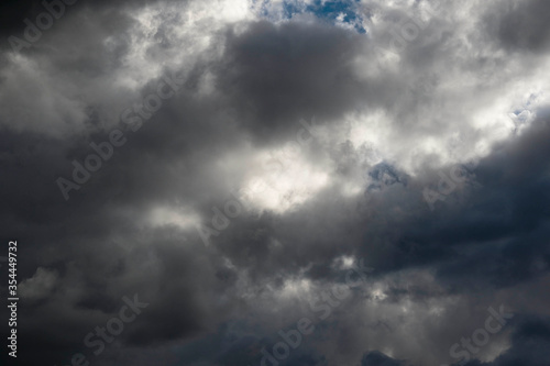 Detail of towering dramatic clouds in the Andean skies, stormy cloud formations laden with water about to precipitate, contrasted by the afternoon lights.
