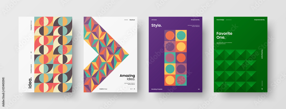 Company identity brochure template collection. Business presentation vector A4 vertical orientation front page mock up set. Corporate report cover abstract geometric illustration design layout bundle.