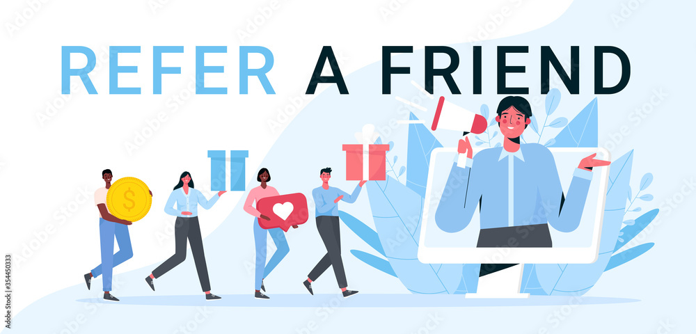Refer A Friend flat vector illustration. Referral program and social media marketing, promotion method. Man shout on megaphone and attracts customers for money and gifts.