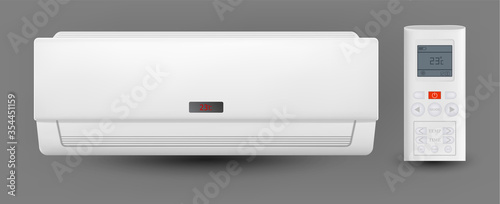 Air Conditioner System With Remote Control Vector. Cooling And Heating Block Of Conditioner For House Or Office. Climate Electronic Technology Equipment Template Realistic 3d Illustration