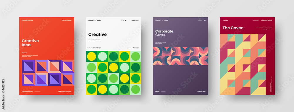 Company identity brochure template collection. Business presentation vector A4 vertical orientation front page mock up set. Corporate report cover abstract geometric illustration design layout bundle.