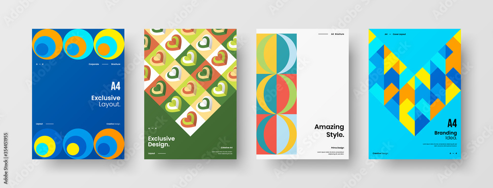 Obraz premium Company identity brochure template collection. Business presentation vector A4 vertical orientation front page mock up set. Corporate report cover abstract geometric illustration design layout bundle.