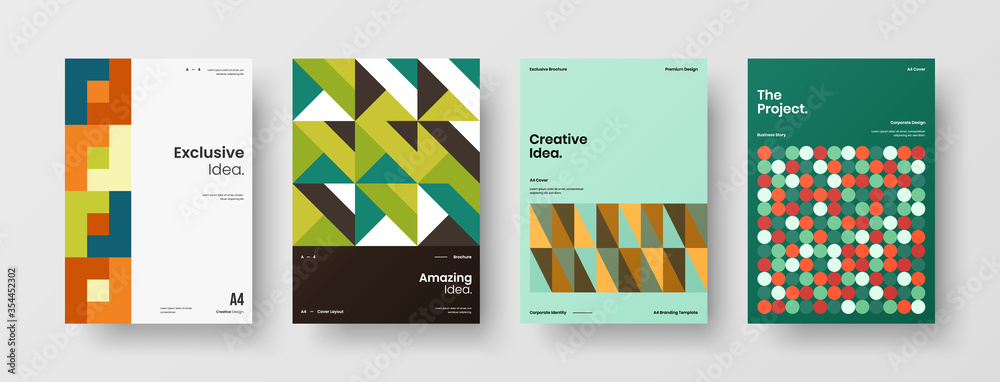 Fototapeta premium Company identity brochure template collection. Business presentation vector A4 vertical orientation front page mock up set. Corporate report cover abstract geometric illustration design layout bundle.