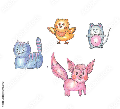 colored animal toys cat mouse chick fox