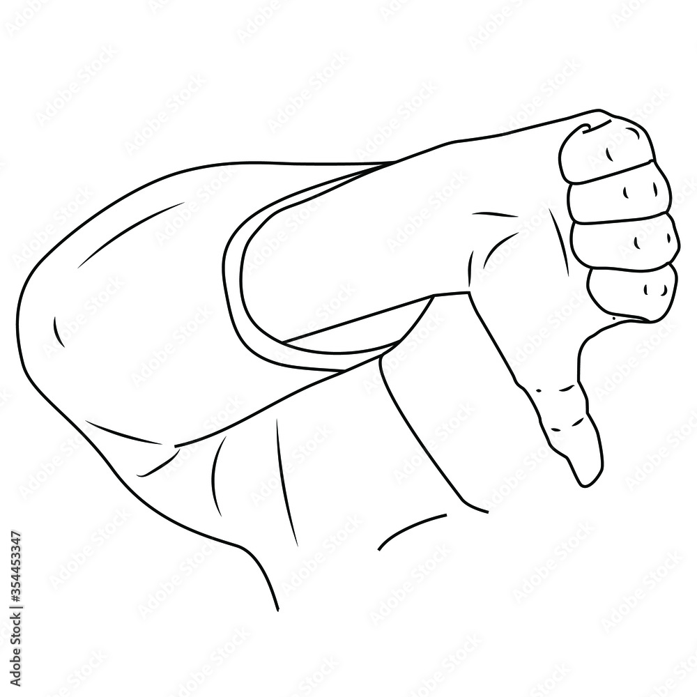 Naklejka premium Linear gesture of disapproval on a white background. Vector illustration with thumb down. Negative assessment of happened. Stock illustration for blogging, streams, design, sites, forums.