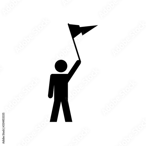 pictogram man holding up a flag icon, silhouette style