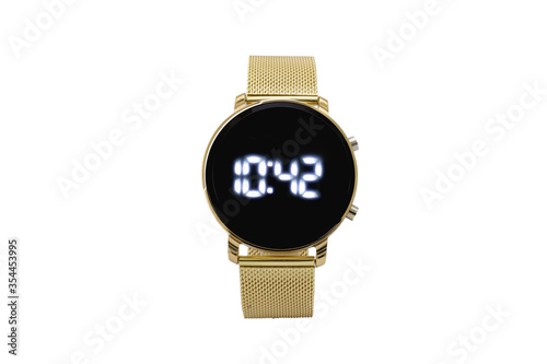 Round smartwatch with golden mesh metal style strap, black dial face and digital numerals, isolated on white background.