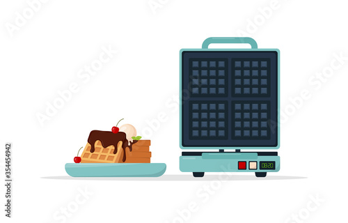 Waffle maker and plate of belgian waffles with chocolate topping and cherry. Vector illustration