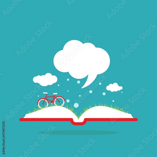 Open book with grass, bike and speech bubble. Isolated on blue background. V