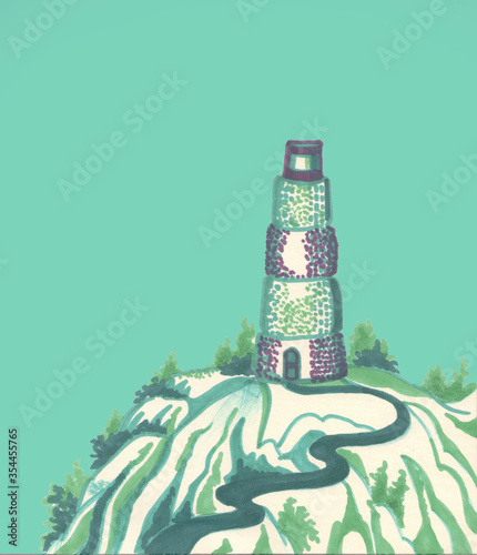 blue lighthouse on a mountain with a road