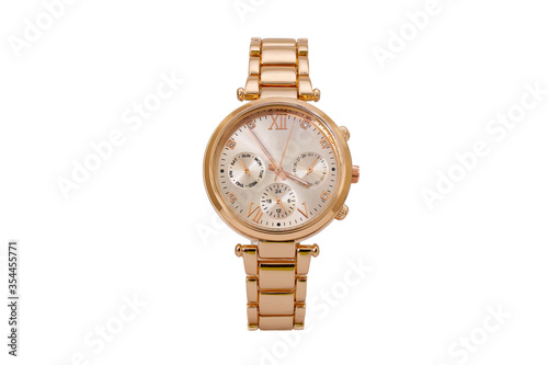 Gold colored elegant chronograph wristwatch with metal oyster style bracelet, white dial face and roman numerals isolated on white background.