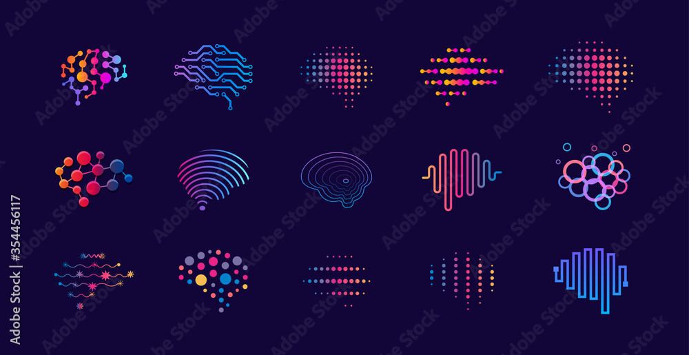 Set of abstract dots and lines brain logotypes concept. Logo for science innovation, machine learning, ai, medical research, new technology development, human brain health, it startup. - obrazy, fototapety, plakaty 
