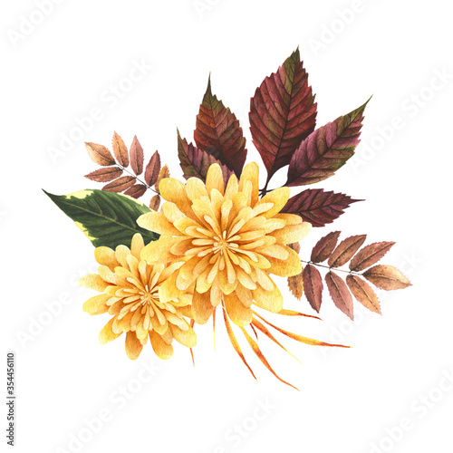 Watercolor hand painted autumn bouquet with leaf rowan, grape, yellow chrysanthemum. Fall floral design for digital paper, sticker, invitation, save the date, greeting. Isolated on white background.