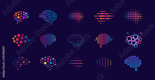 Set of abstract dots and lines brain logotypes concept. Logo for science innovation, machine learning, ai, medical research, new technology development, human brain health, it startup. photo