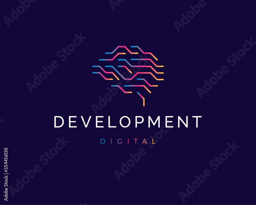 Science innovation and technical development icon. Human brain logo. Artificial intelligence engineering emblem. Isolated electrical circuit vector illustration.