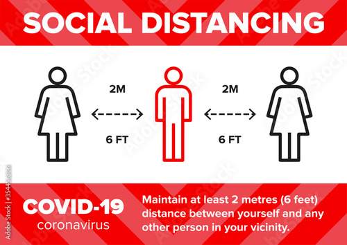 Social distancing 2m meter 6 feet distance infographic warning sign or sticker. Vector design ready for edit, print and use in shops and offices during the coronavirus covid-19 quarantine pandemic.