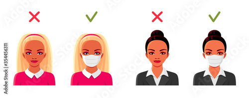 Women in medical face masks. Female avatars set. Antiviral prophylactic poster. Vector illustration.