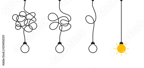 Complex complicated process easy solution, simplify problem, untangling mess knot in simple line, simplest right way, good idea concept vector illustration photo