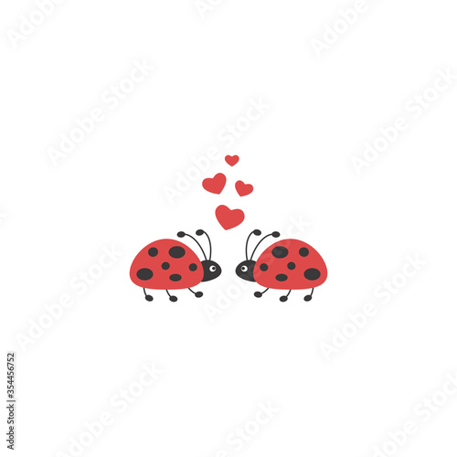 Ladybugs with red hearts. Beetle couple icon isolated on white. Vector flat illustration.