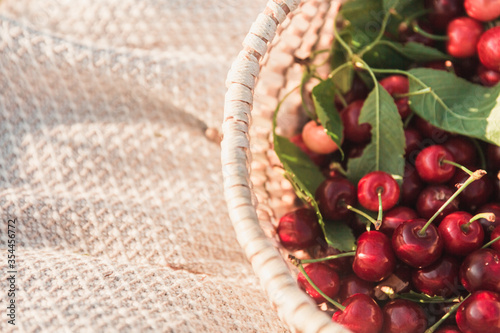 red cherries in a basket on green leaves