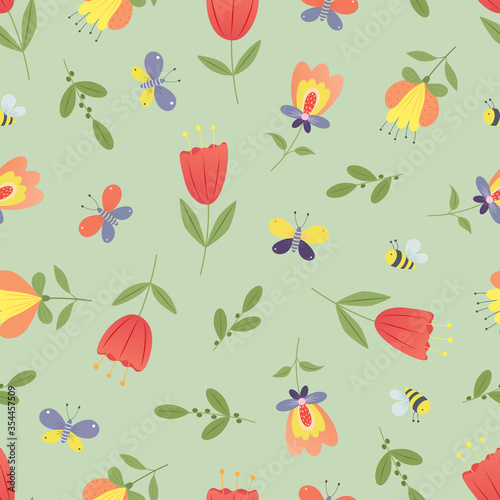 Vector flower illustration. Botanic seamless pattern with different flowers in traditional style. Folk gentle floral background