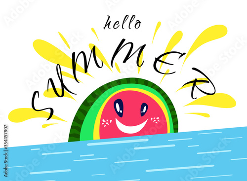 Hello summer concept vector illustration with smiling watermelon as a sunrise with outgoing rays and the ocean.