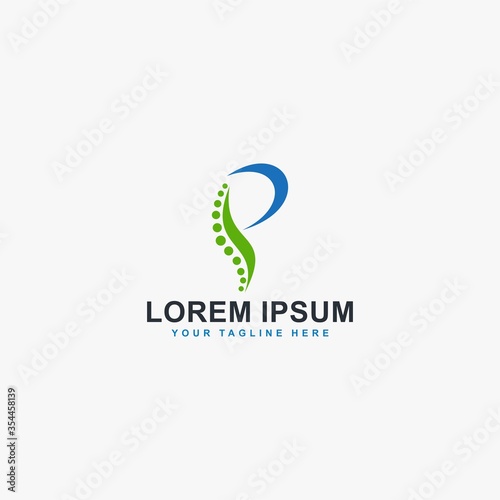 Spine clinic logo design vector. Monogram P abstract symbol. Backbone care sign.