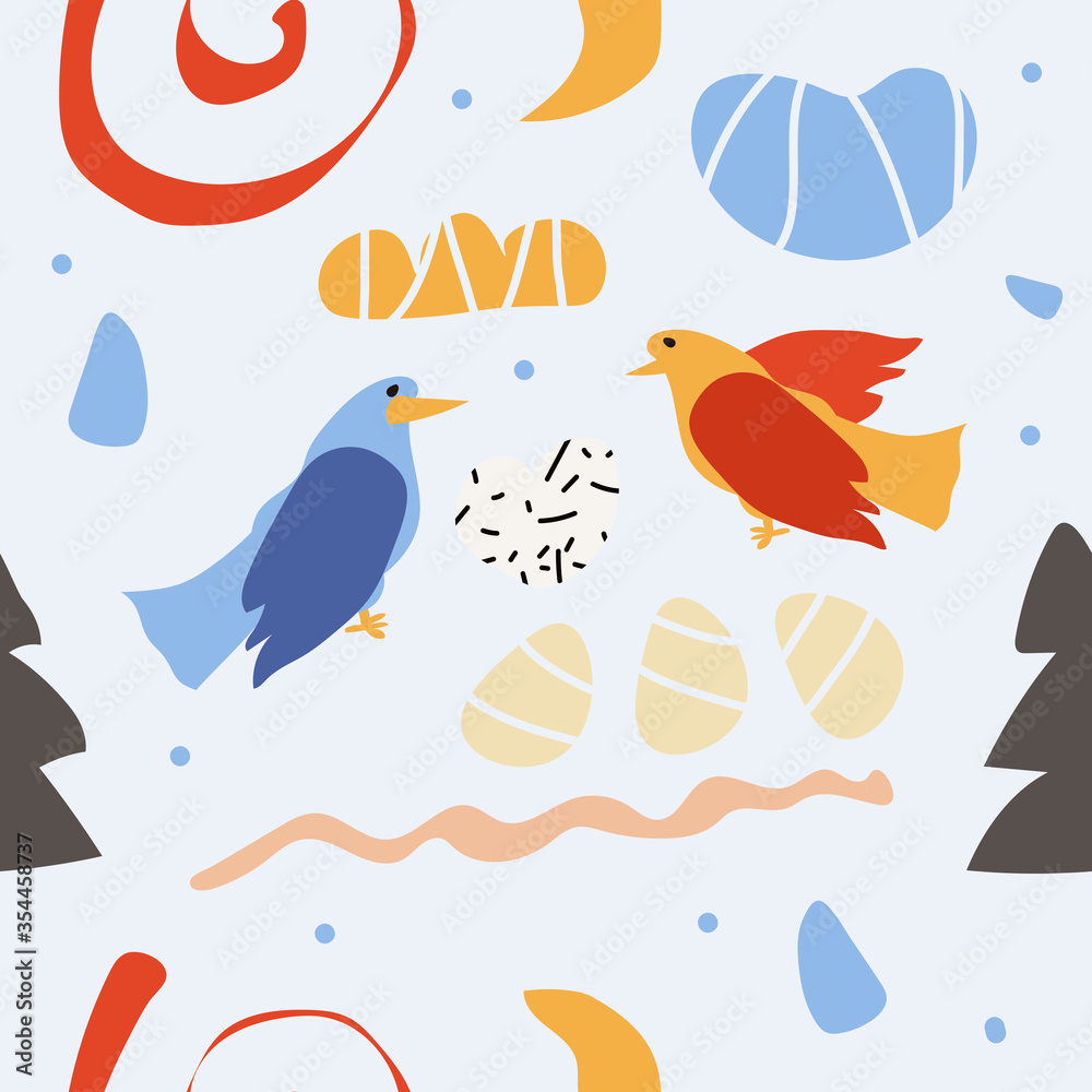 Fototapeta premium Bright colorful graphic floral pattern with birds in love in a hand-drawn style. Seamless pattern with birds and figures.
